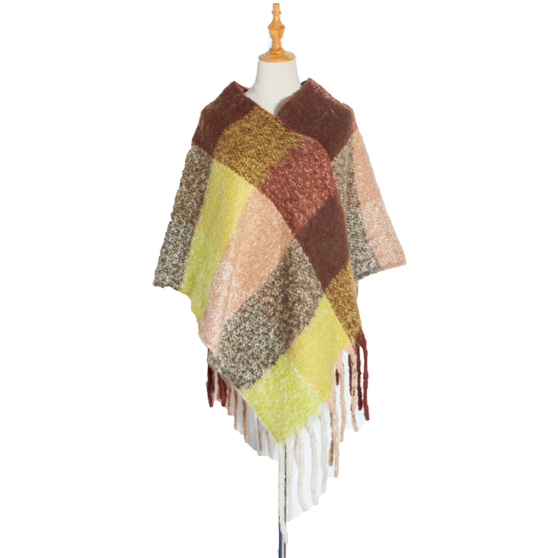 Europe And The United States New Autumn And Winter Women's Loop Yarn Coarse Beard Braid Fringe Plaid Thickened Cape Cape Specification drawing