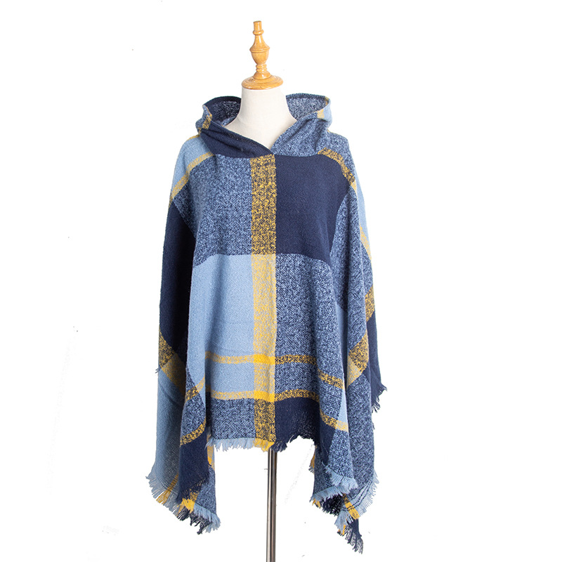 Manufacturers Directly Supply Europe And The United States Spring And Autumn Winter Spot Ring Sand Check Blue Women's Cape Hooded Cape