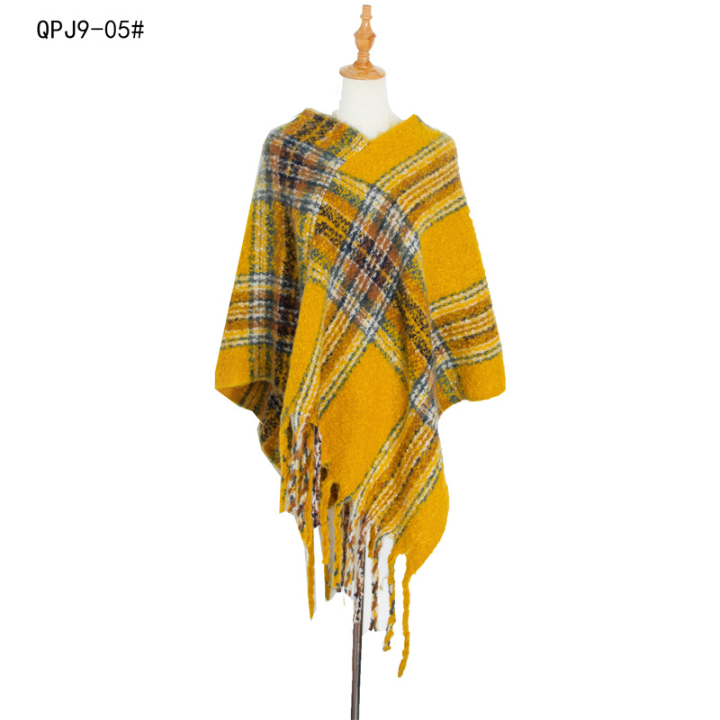 Cross-Border New Autumn And Winter Thickened Shawl Foreign Trade Europe And The United States Style Lady Fine Checkered Coarse Fringe Mantle Item Picture
