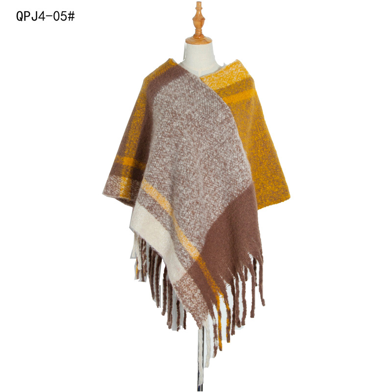 Cross-Border Europe And The United States Style New Autumn And Winter Thickened Women's Shawl Loop Yarn Coarse Tassel Matching Color Pullover Cape Item Picture