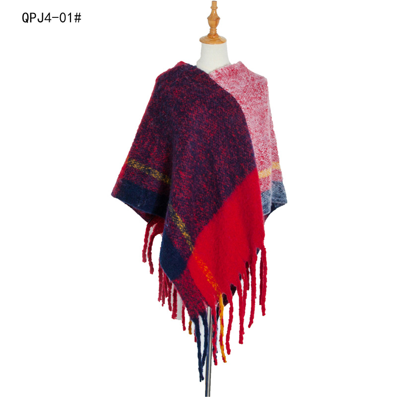 Cross-Border Europe And The United States Style New Autumn And Winter Thickened Women's Shawl Loop Yarn Coarse Tassel Matching Color Pullover Cape