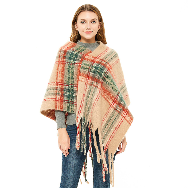 Cross-Border New Autumn And Winter Thickened Shawl Foreign Trade Europe And The United States Style Lady Fine Checkered Coarse Fringe Mantle