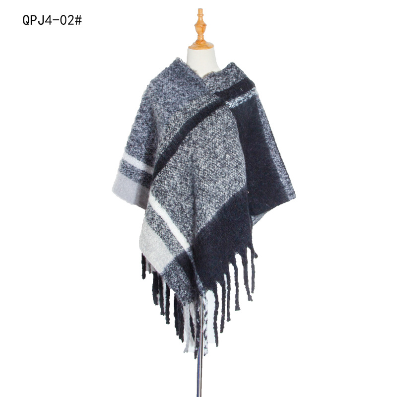 Cross-Border Europe And The United States Style New Autumn And Winter Thickened Women's Shawl Loop Yarn Coarse Tassel Matching Color Pullover Cape details Picture