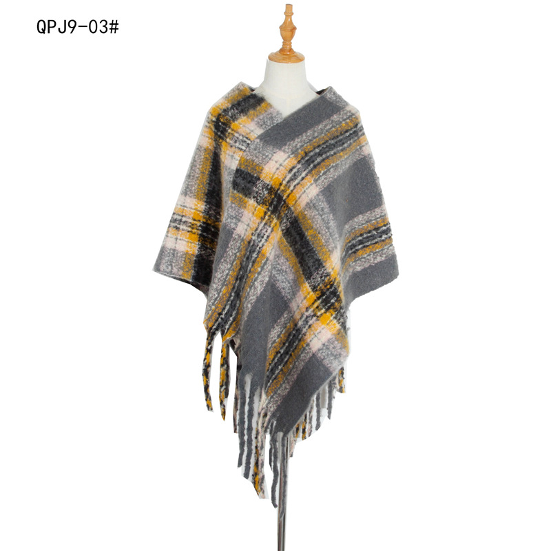 Cross-Border New Autumn And Winter Thickened Shawl Foreign Trade Europe And The United States Style Lady Fine Checkered Coarse Fringe Mantle Specification drawing