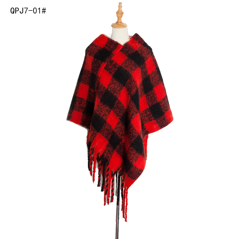 Manufacturers Direct Foreign Trade Europe And The United States Autumn And Winter Circle Yarn Thick Flow Ms. Su Thickened Red And Black Check Cape Cape