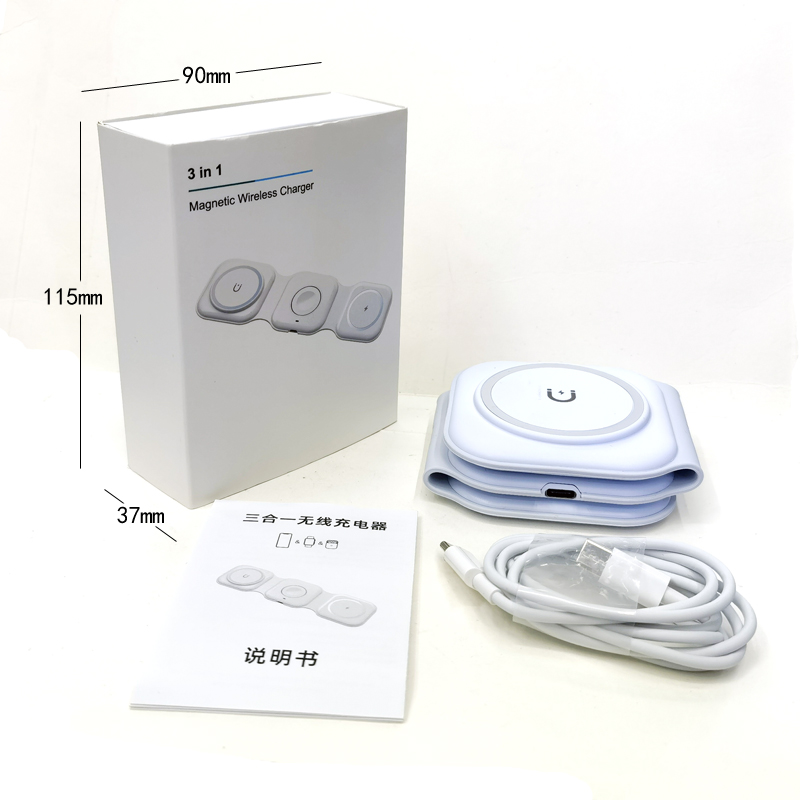 230328 Three-in-one mobile phone wireless charger, mobile phone watch, headphones magnetic attraction, foldable multi-functional desktop wireless charger, mobile phone stand Item Picture