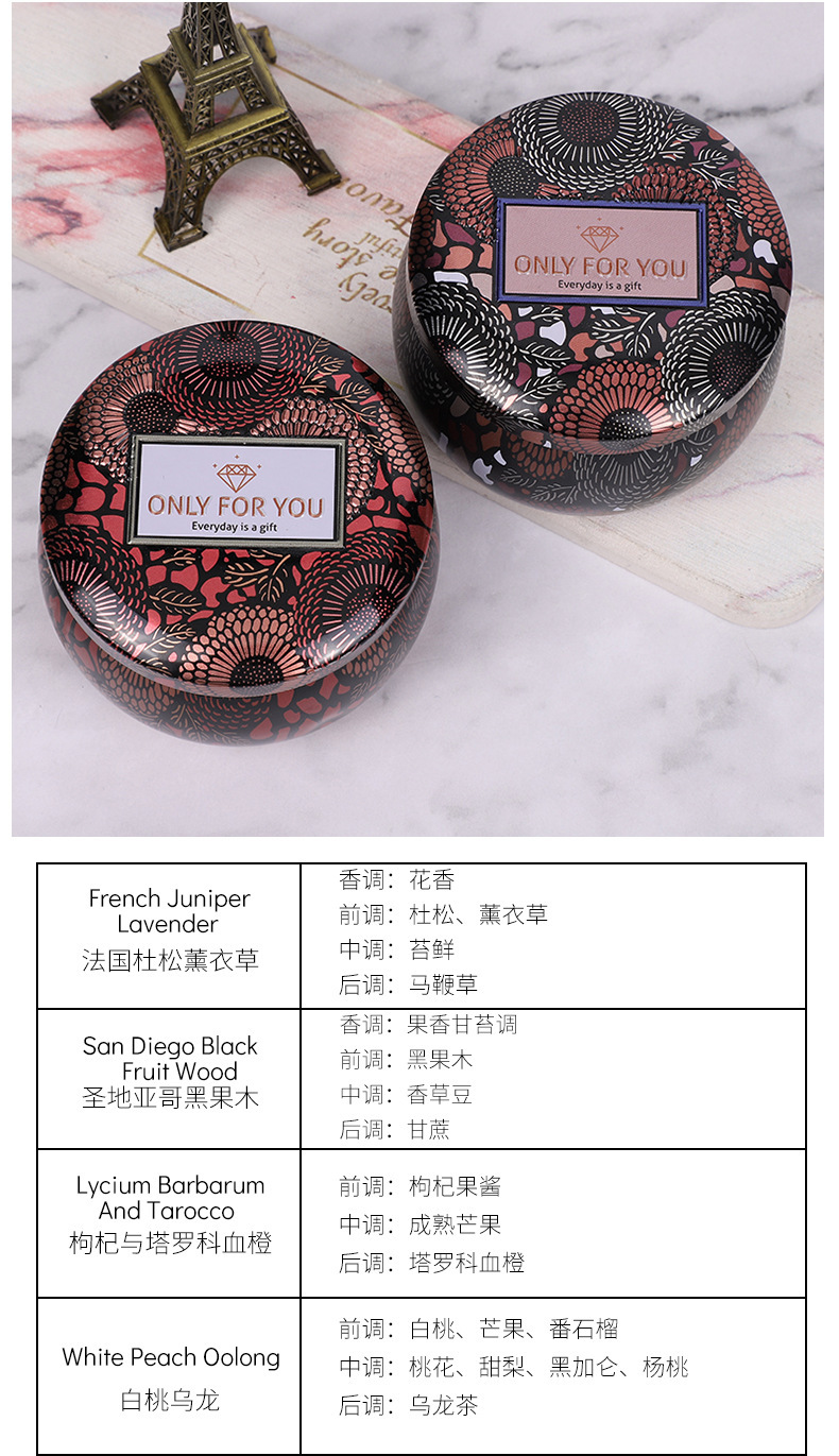新款香薰蜡烛民俗风花朵马卡龙色圆形鼓肚马口铁罐 香氛除味装带盖蜡烛杯礼物详情4