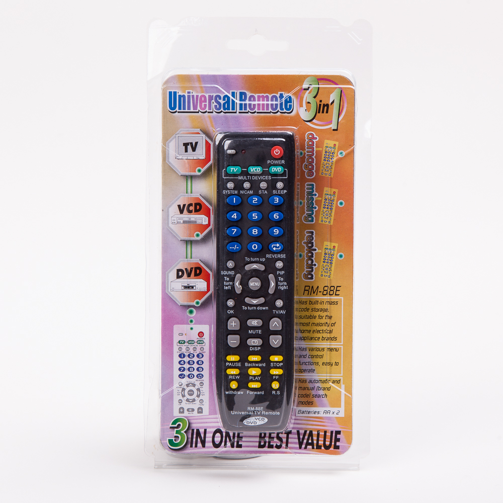 The manufacturer supplies the universal three-in-one TV remote control RM-88E