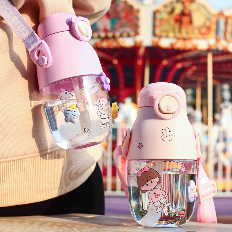 Straw cup, cute cartoon pudding, large capacity 480ML, fashionable cup, anti-drop plastic cup, for women details Picture