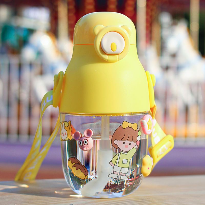 Straw cup, cute cartoon pudding, large capacity 480ML, fashionable cup, anti-drop plastic cup, for women undefined