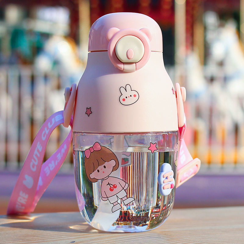 Straw cup, cute cartoon pudding, large capacity 480ML, fashionable cup, anti-drop plastic cup, for women undefined
