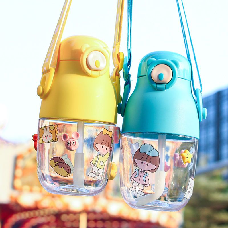 Straw cup, cute cartoon pudding, large capacity 480ML, fashionable cup, anti-drop plastic cup, for women Specification drawing