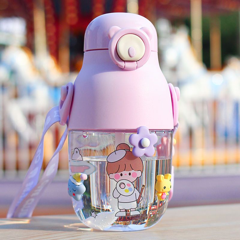 Straw cup, cute cartoon pudding, large capacity 480ML, fashionable cup, anti-drop plastic cup, for women undefined