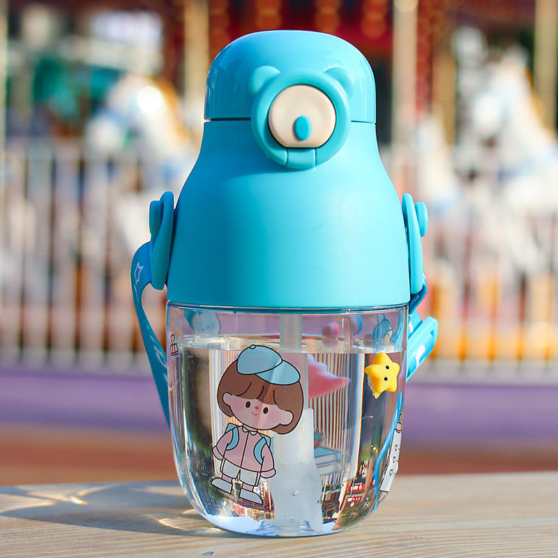 Straw cup, cute cartoon pudding, large capacity 480ML, fashionable cup, anti-drop plastic cup, for women Item Picture