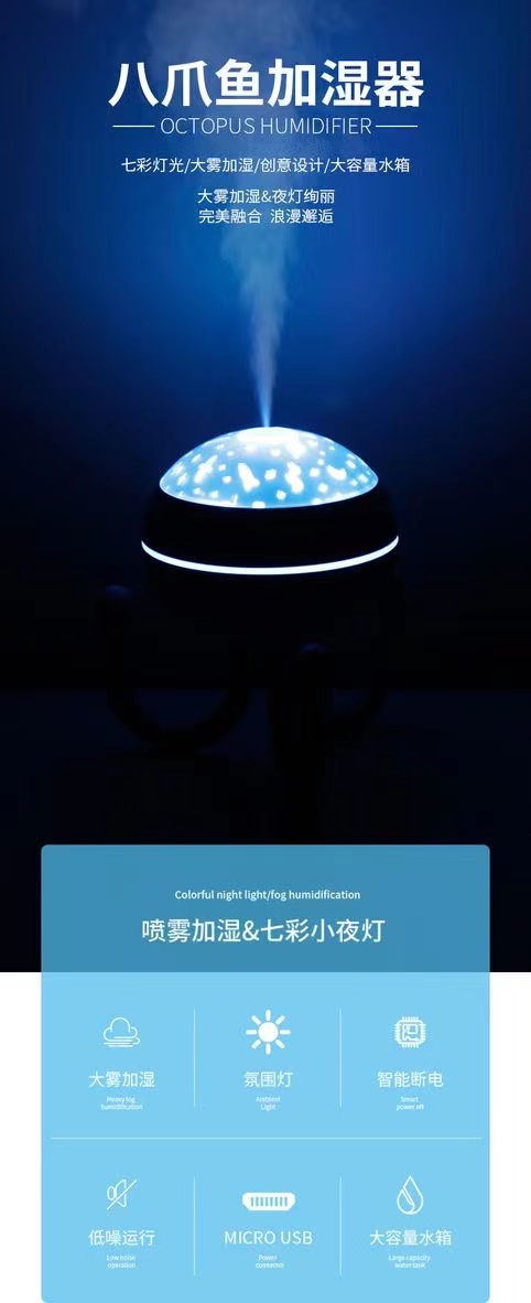 新款八爪鱼加湿器USB插电大喷雾量桌面投影灯空气加湿器详情3