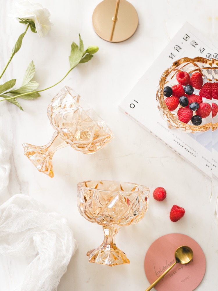 Light Luxury Yellow Glass Ice Cream Cup Ice Cream Cup Fruit Dessert Salad Cup Thickened Breakfast Cup Seven Life Amber Specification drawing