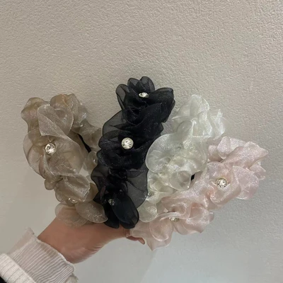 High Cranial Top Black Pleated Headband Women's Summer Net Gauze Hair Card Face Wide Edge With 2023 Network Red New Style