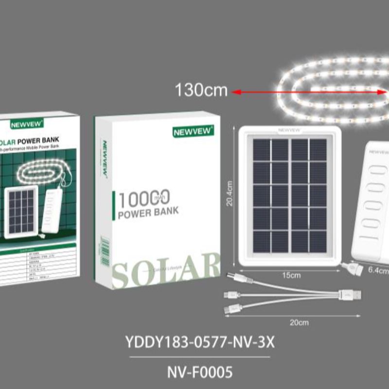  NEWVEW10000mAh充电宝移动电源自带三线带太阳能板USB灯带插头NV-F0005详情图1