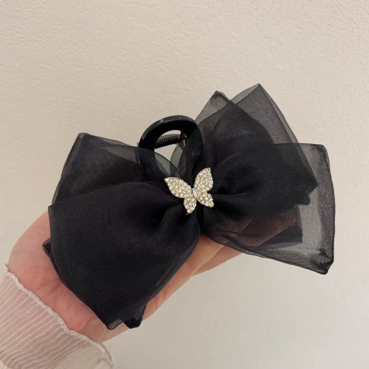 Homemade Butterfly Bright Diamond Super Fairy Bow Net Yarn Hairpin Female Back Head Temperament Hairpin Grab Large Shark Clip Specification drawing