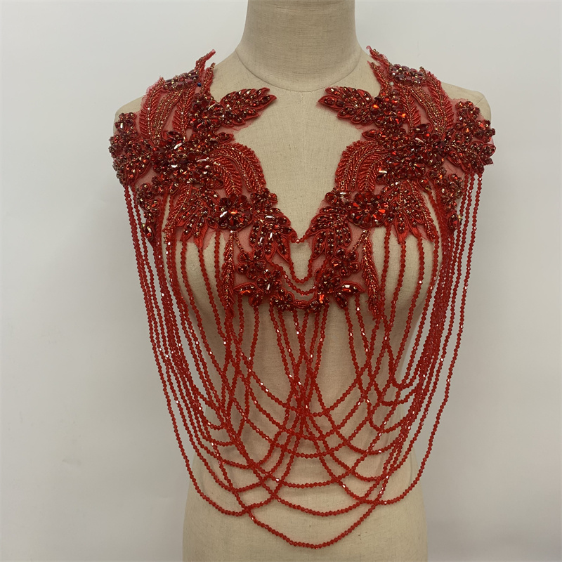 Hand-Beaded Fringe Shoulder Dress With Hand-Made Lace Applique Specification drawing