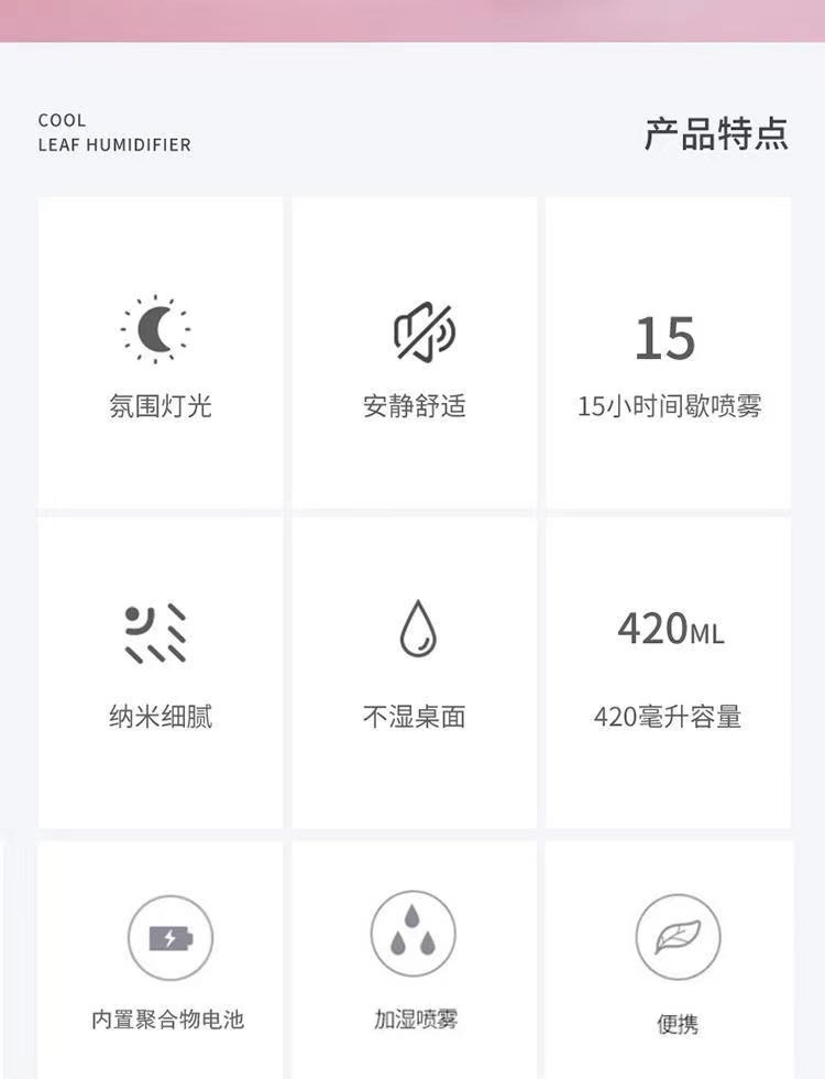 酷叶USB加湿器迷你便携办公室宿舍高颜值静音车载迷你香薰氛围灯详情3