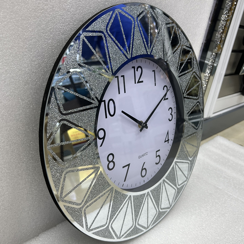 Silver Simple Glass European Home Wall Clock Wall Stick Clock Mirror Circular Clock Atmosphere Digital Mirror Personality Wall Clock Cross-Border Hot Selling Living Room Decorative Clock Foreign Trade Clock Wrapped Flannel Wood Home Wall Clock details Picture