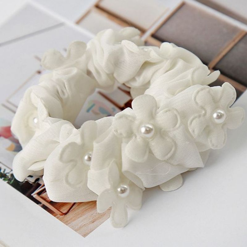 New Korean-style fashionable printed fabric hair band, women's rubber band with pearl pendant hair band, customizable Specification image