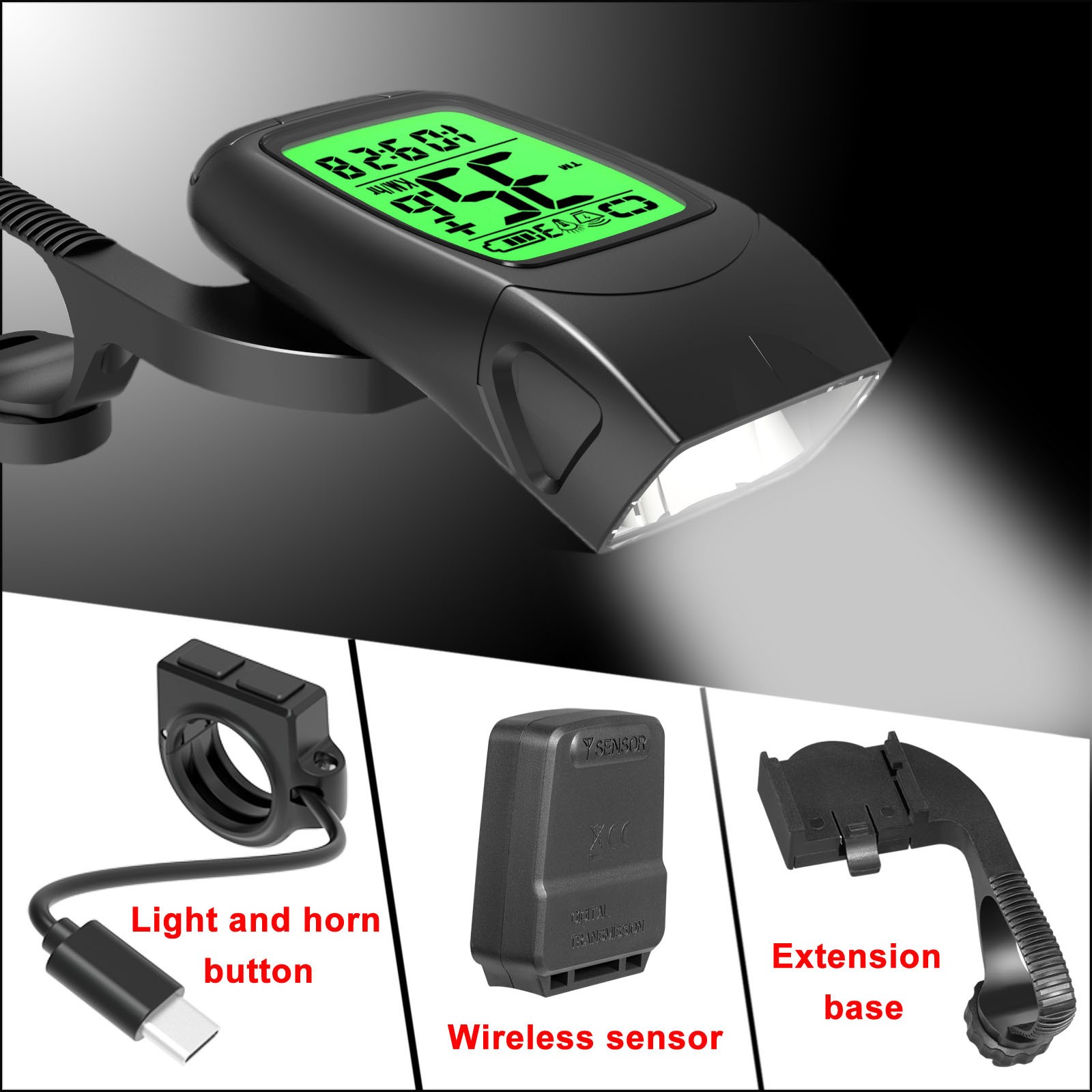 LB100-3in1 3-in-1 code meter horn light USB charging bicycle code meter horn headlight Bicycle riding lighting flashlight Strong light headlight counter mile odometer electronic horn bell thumbnail