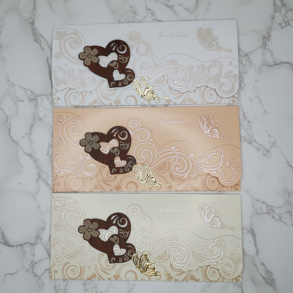 High-end foreign trade custom butterfly hot pearl double love small wooden patch three fold wooden invitation wedding invitation business invitation birthday party greeting card manufacturers direct wholesale thumbnail