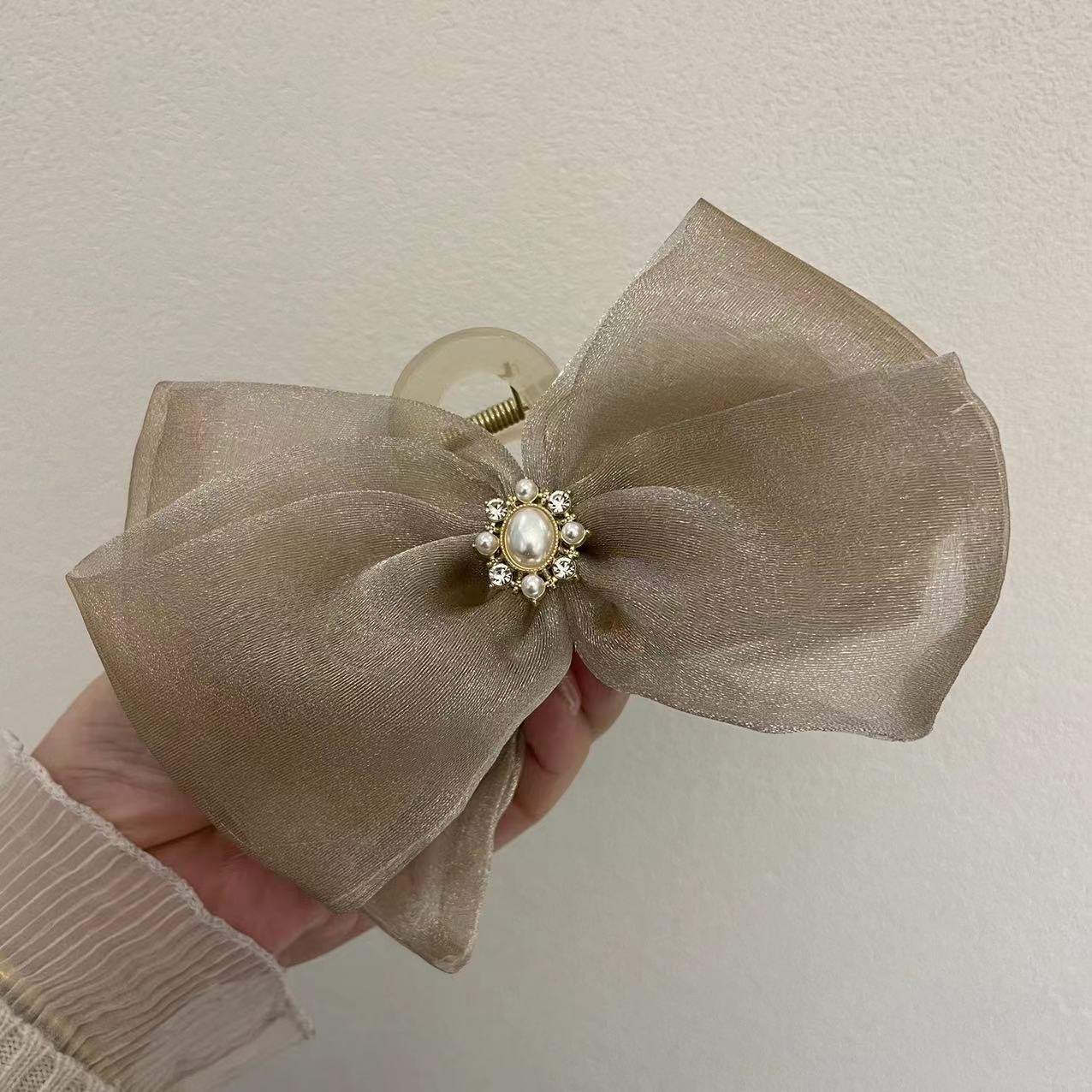 Homemade Pearl Super Fairy Bow Net Yarn Hairpin Female Back Hair Temperament Hairpin Clip Large Shark Clip Item Picture