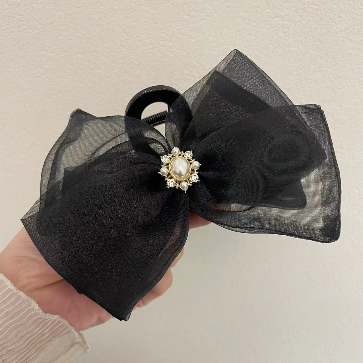 Homemade Pearl Super Fairy Bow Net Yarn Hairpin Female Back Hair Temperament Hairpin Clip Large Shark Clip Specification drawing