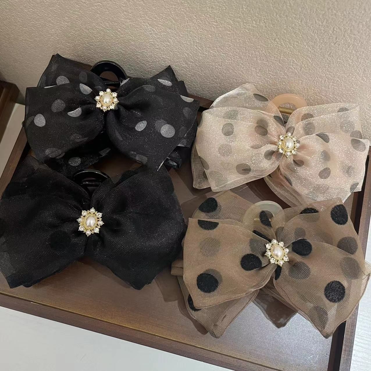 Homemade Pearl Super Fairy Bow Net Yarn Hairpin Female Back Hair Temperament Hairpin Clip Large Shark Clip details Picture