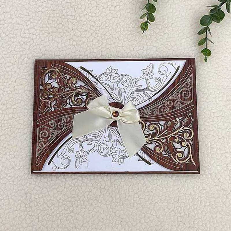 Foreign Trade Custom Middle East And Africa High-Grade Rectangular Laser Hollowed Out Wooden Invitation With Diamond Bow With Hand-Held Envelope Manufacturers Direct Wholesale Specification drawing