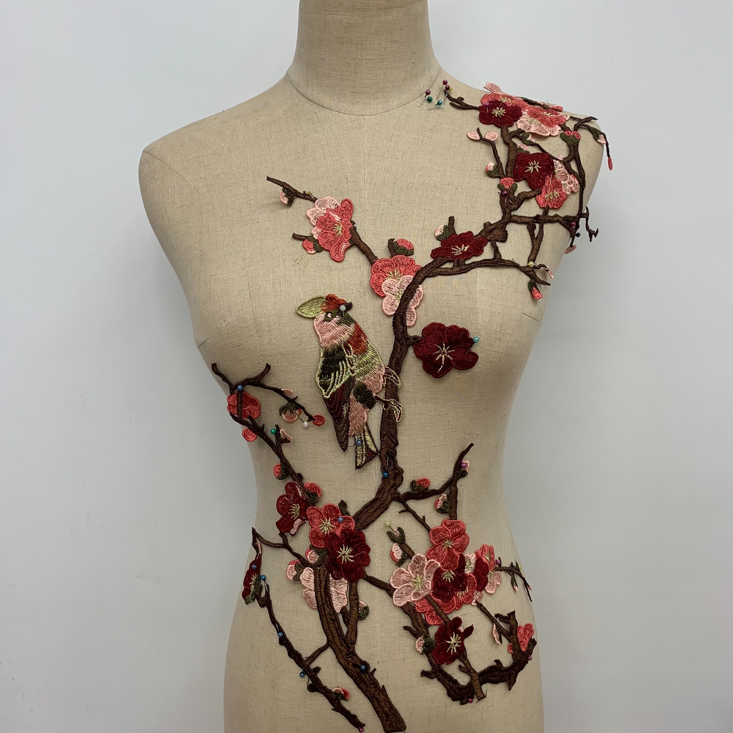 Chinese-style plum blossom and bird embroidery patchwork for cheongsam and Hanfu decoration pic 1