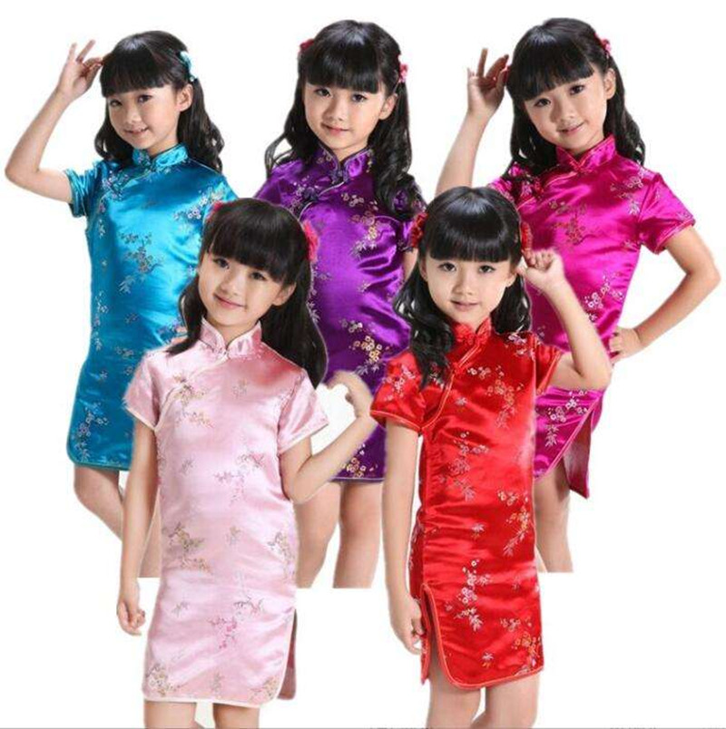 Children's Summer Cute Costume Performance Costume Foreign Trade Plum Blossom Dragon Phoenix Peony Girl Brocade Cheongsam Spot