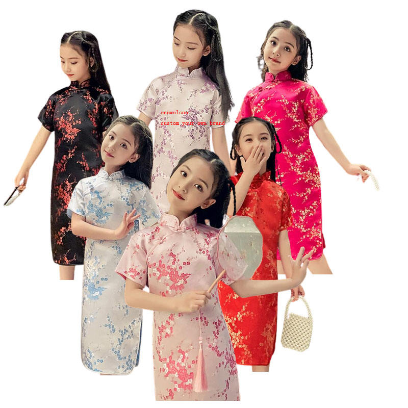 Children's Summer Cute Costume Performance Costume Foreign Trade Plum Blossom Dragon Phoenix Peony Girl Brocade Cheongsam Spot Specification drawing