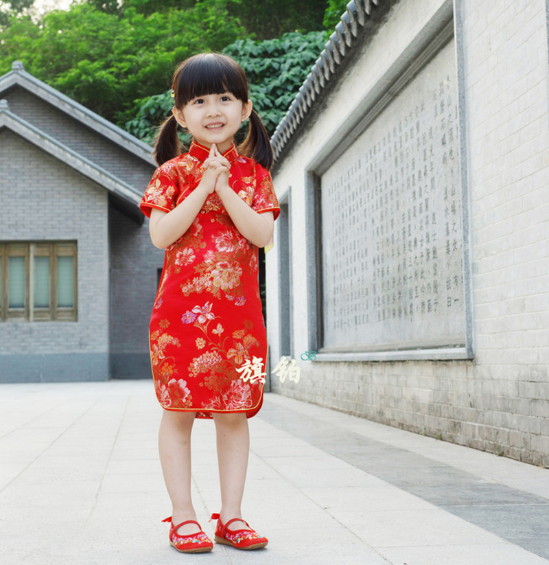 Children's Summer Cute Costume Performance Costume Foreign Trade Plum Blossom Dragon Phoenix Peony Girl Brocade Cheongsam Spot Item Picture