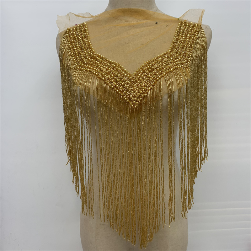 金色手工钉珠流苏网纱贴花 婚纱礼服舞蹈服使用详情1