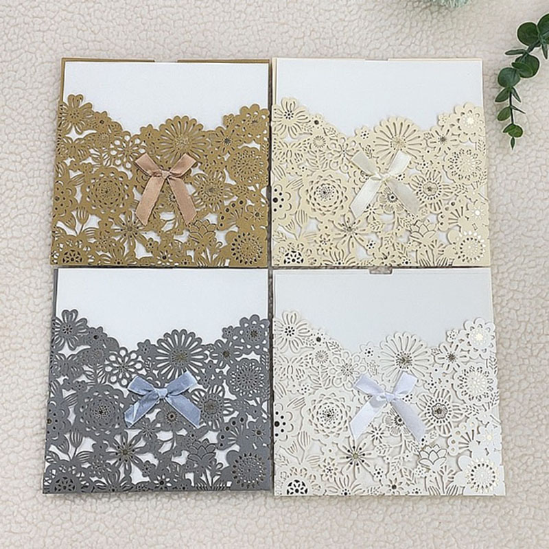 Foreign trade custom square small fresh flower laser hollow with bow universal invitation card invitation card manufacturers direct wholesale thumbnail