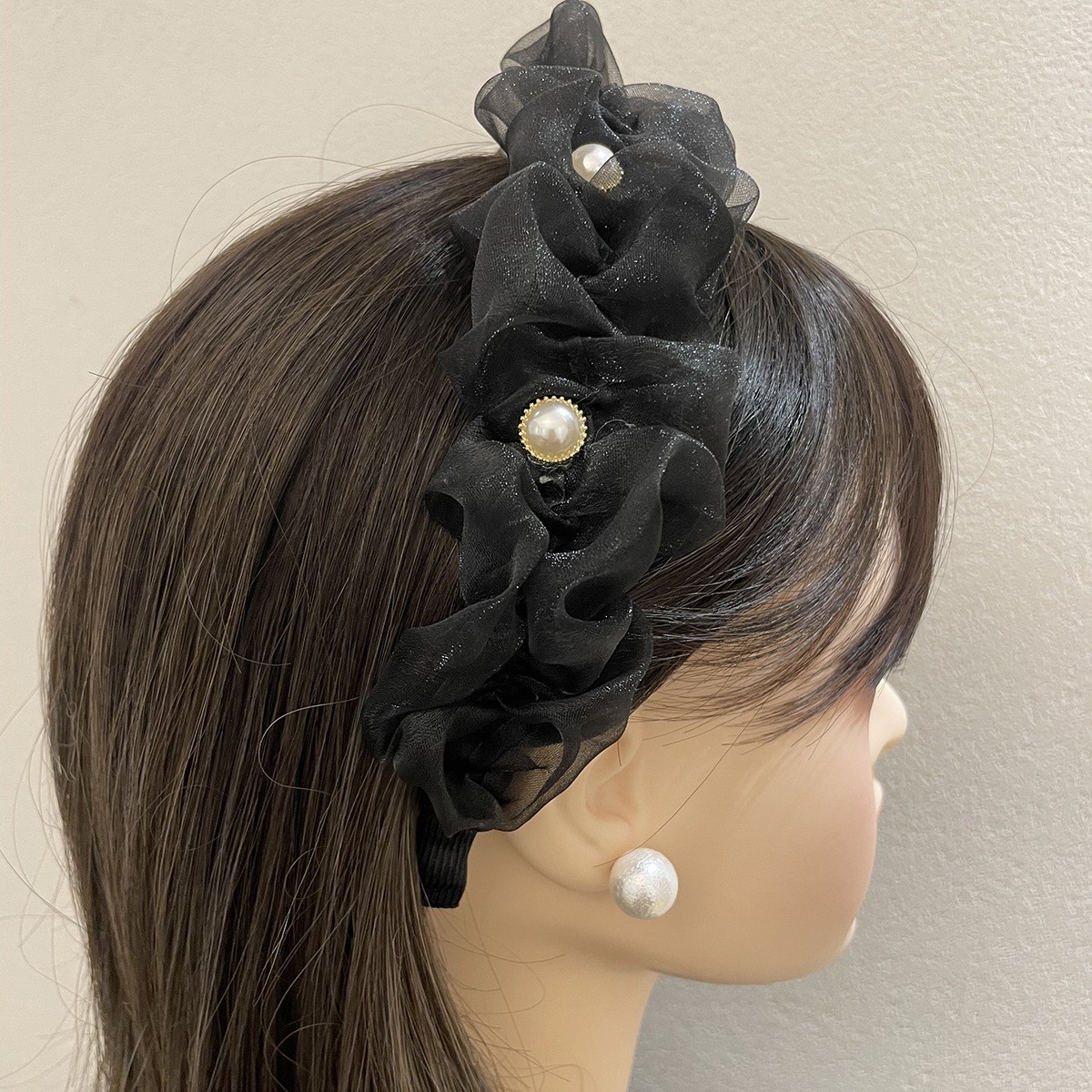 High Cranial Top Black Pleated Mesh Headband Super Fairy Summer Hair Card Face Wide Edge With 2023 Net Red New Style Specification drawing