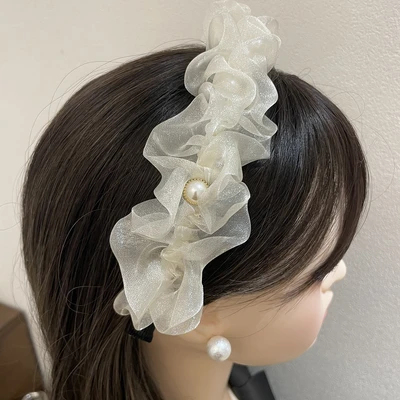 High Cranial Top Black Pleated Mesh Headband Super Fairy Summer Hair Card Face Wide Edge With 2023 Net Red New Style