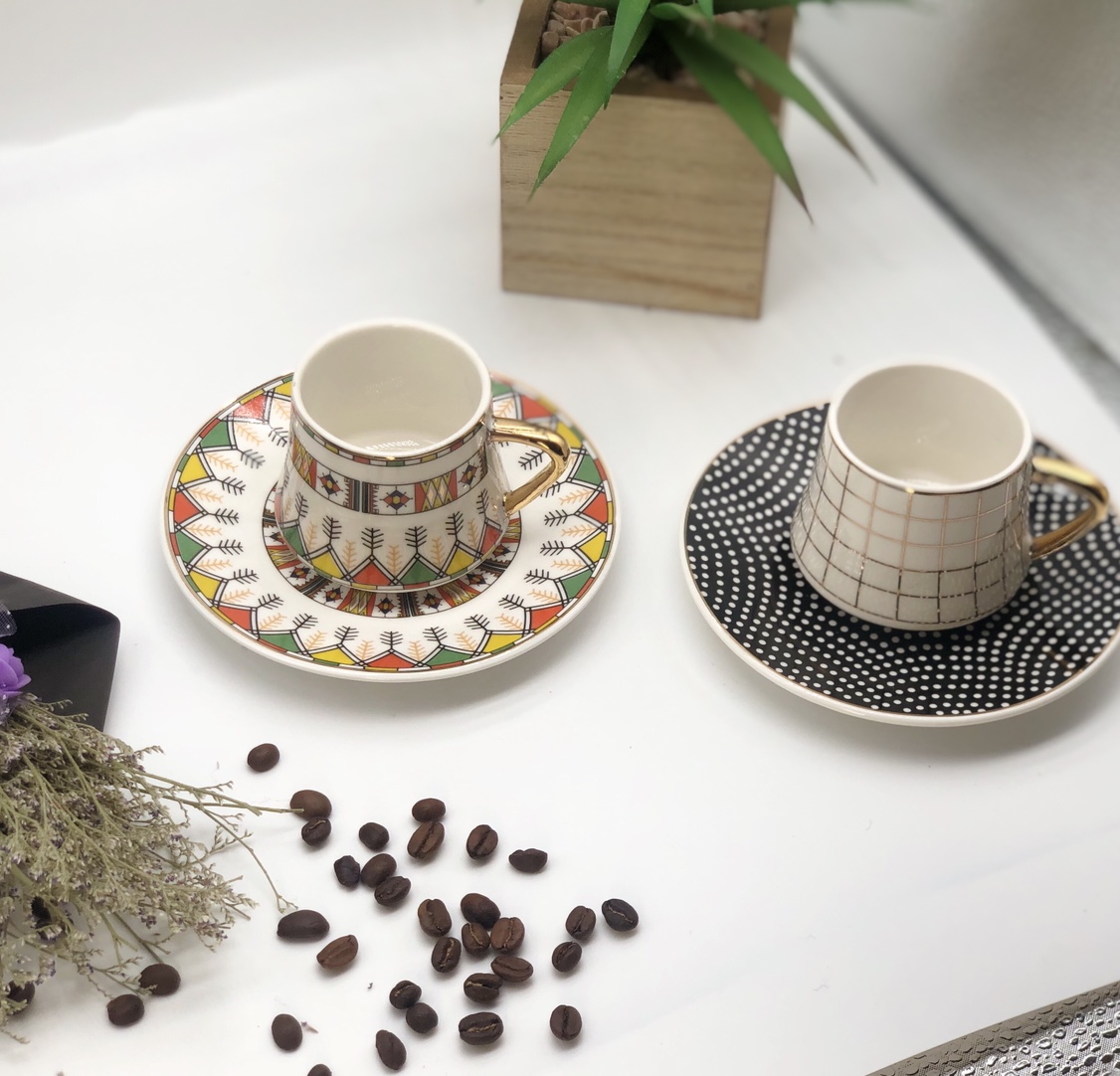 High-end gold-plated 6-cup 6-plate ceramic coffee cup and plate set in 2 colors, high appearance level, small exquisite and creative home coffee cups details Picture