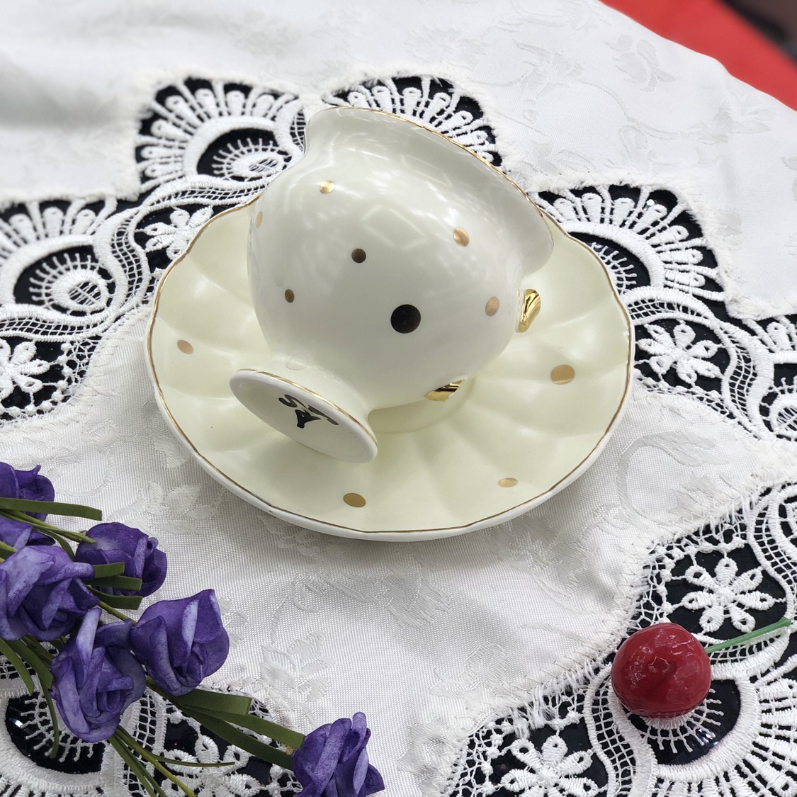 90CC gold-painted ceramic coffee cup and saucer set, fresh and elegant Feng Creative home coffee cups available in 4 colors details Picture