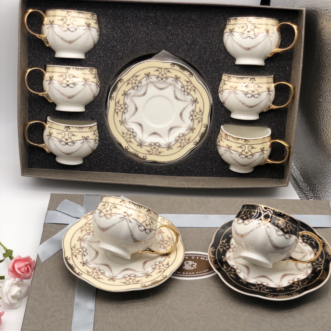 Gold-plated six cups and six saucers 90CC coffee cup set, exquisite and luxurious, high appearance level, creative home coffee cup set details Picture