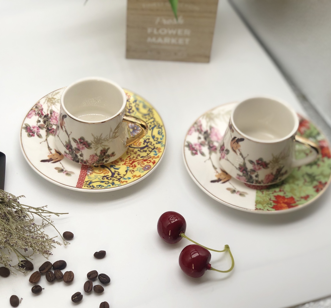 Gold-plated 6-cup 6-saucer coffee cup set, available in 4 colors, elegant and light luxury creative coffee cup and saucer set, cup set details Picture