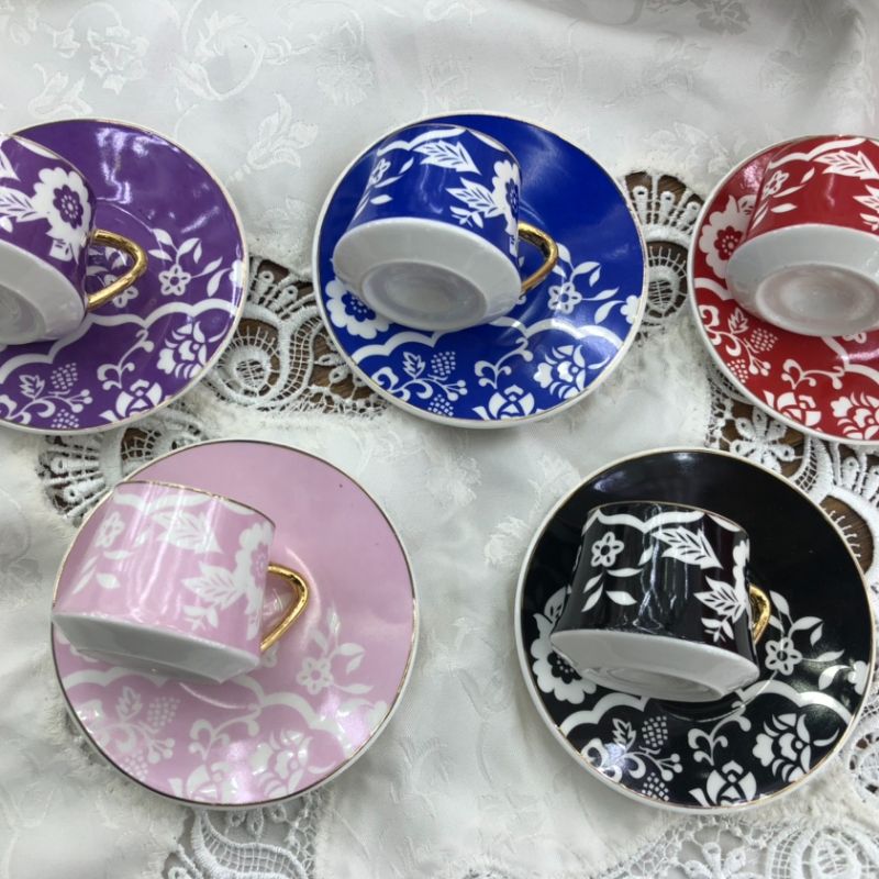 描金六杯六碟咖啡杯碟套装6色可入花朵图案精致创意家居咖啡杯碟图