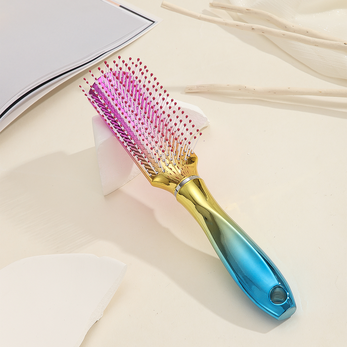 Three-color gradient electroplated hair straightening comb and massage head comb
