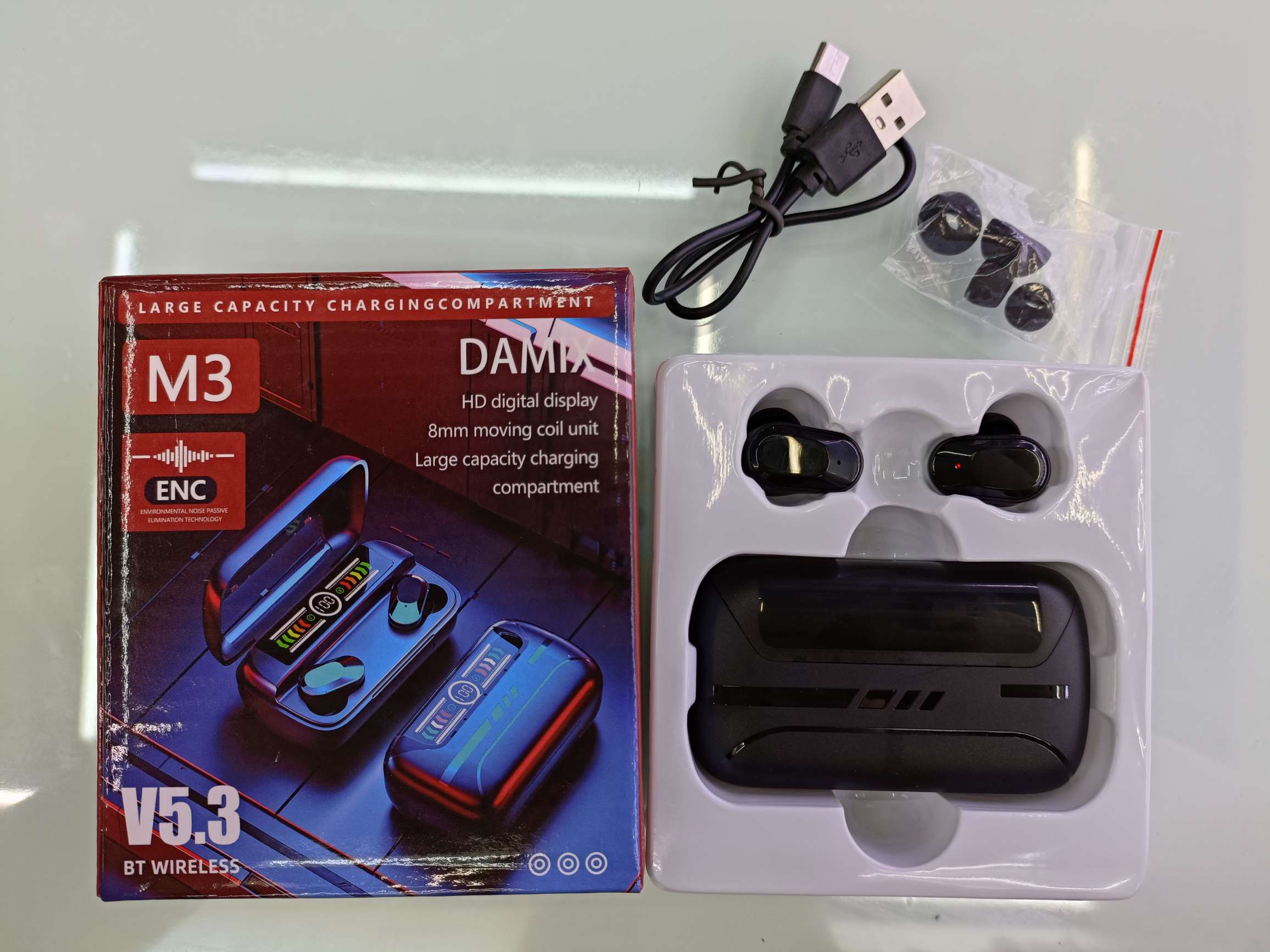 M3 Bluetooth headset The M12 Bluetooth headset cabin not only charges headphones but also acts as a charging bank for mobile phones