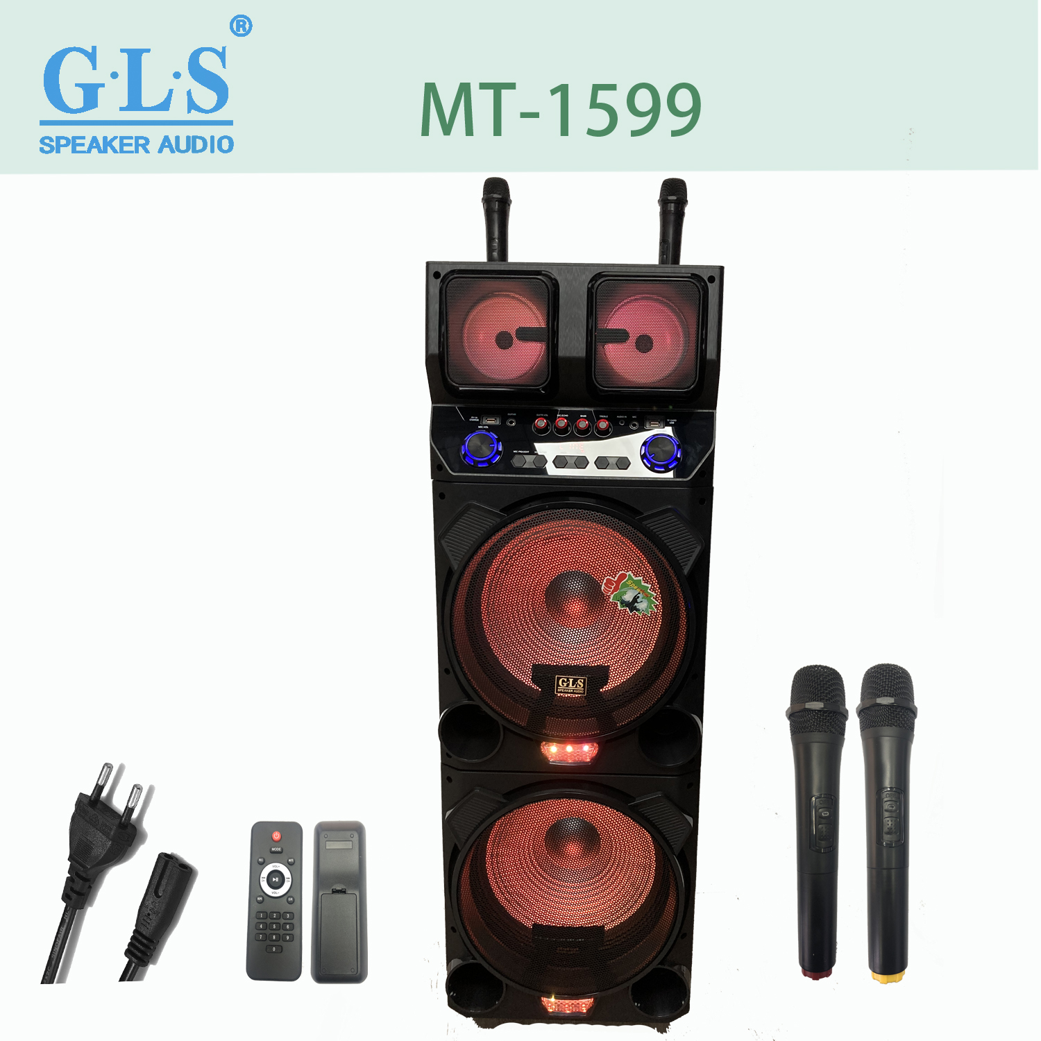 MT-1599 Twin 15 "series portable speaker Bluetooth Wireless Stereo Radio Wireless Mic *2