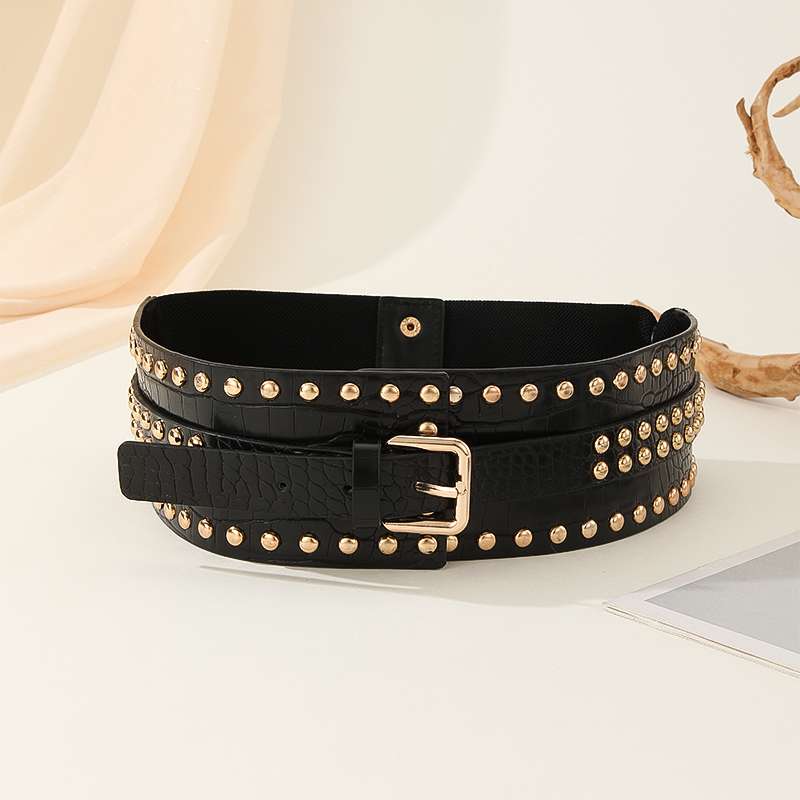 European And American Punk Style Riveted Waist Wrap Waist European And American Fashion Retro Elastic Elastic Decorative Wide Belt Women's Accessories Trench Coat Coat Sweater Item Picture